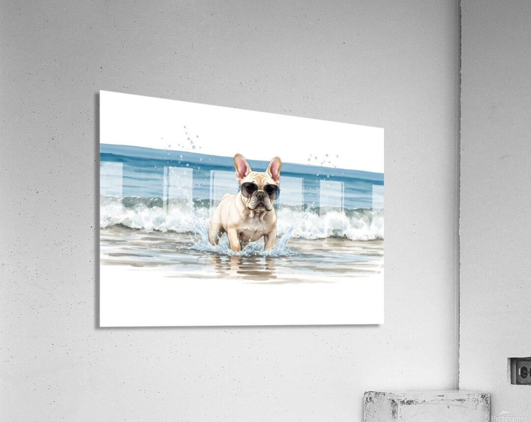 Cream French Bulldog Puppy Splashing In Ocean Water With Sunglasses Acrylic Print