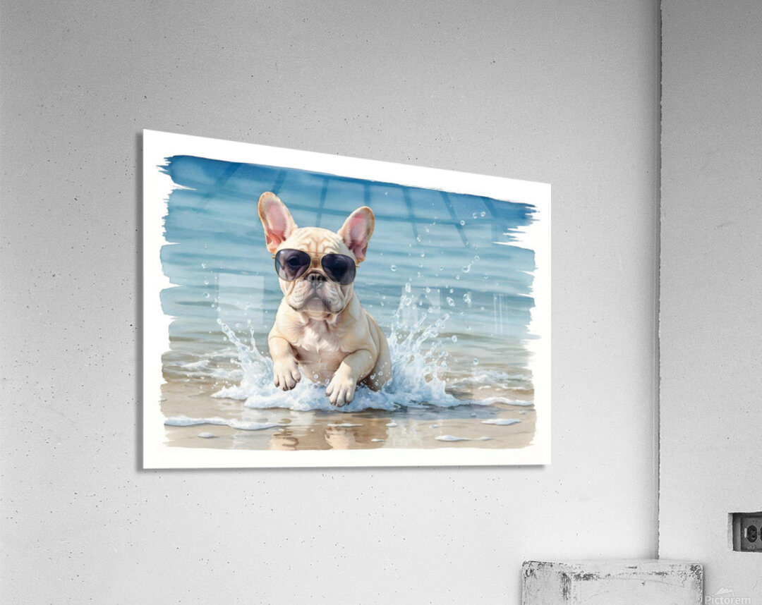 Cream French Bulldog Puppy Splashing In Ocean With Sunglasses Acrylic Print