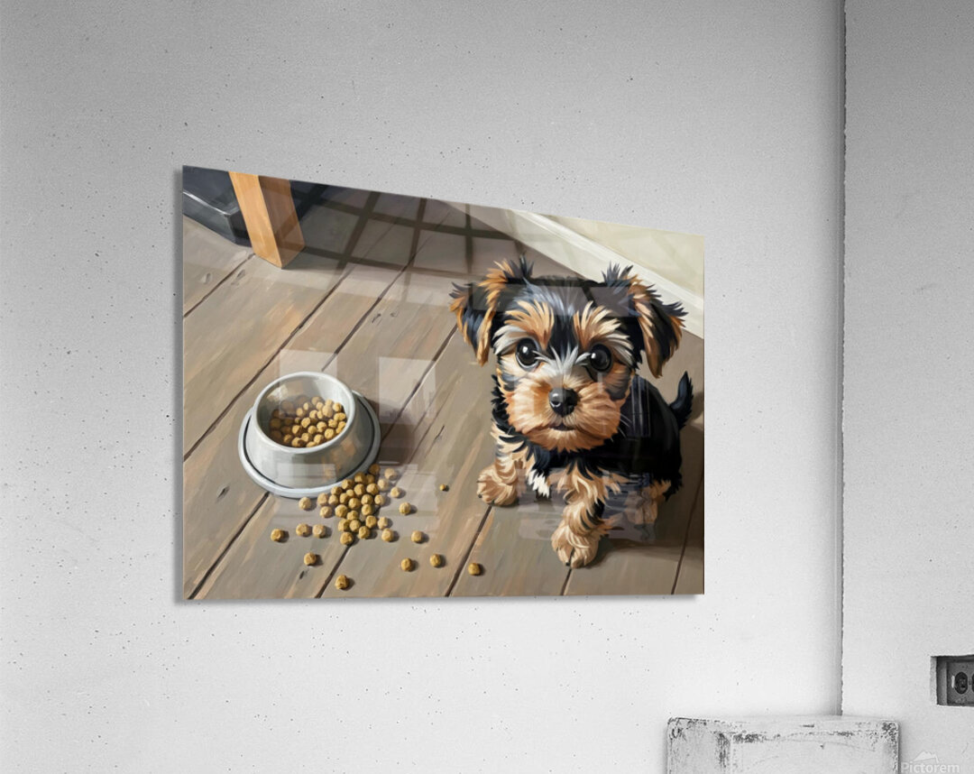 Brown Yorkshire Terrier Puppy With Overturned Food Bowl Acrylic Print