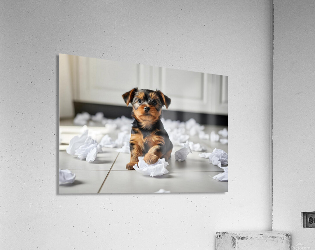 Guilty Yorkshire Terrier Puppy Surrounded By Shredded Tissue Acrylic Print