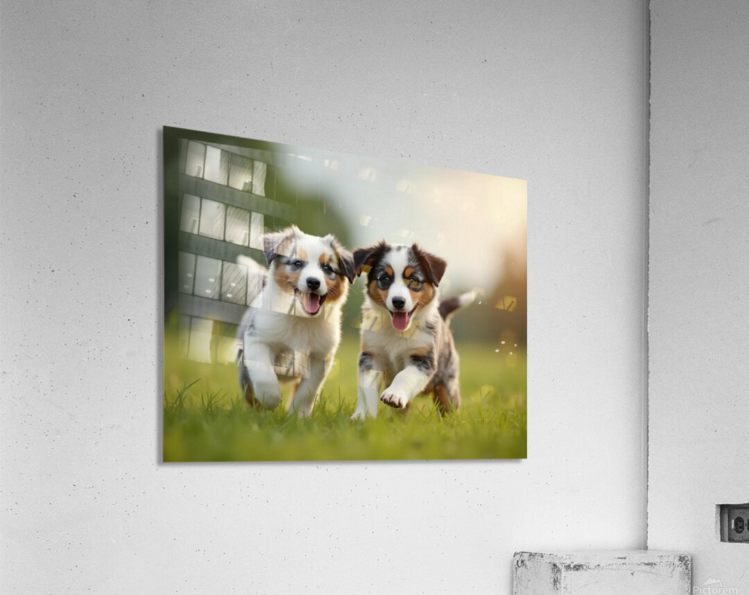 Blue Merle Australian Shepherd Puppies Playing Together In Tall Grass Acrylic Print