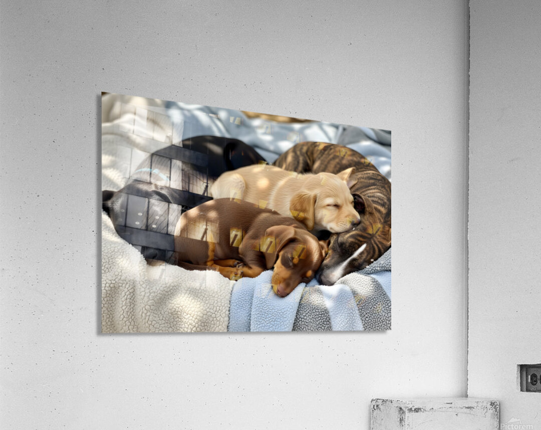 Sleepy Brown Dachshund Puppy Cuddling With Tired Siblings Acrylic Print