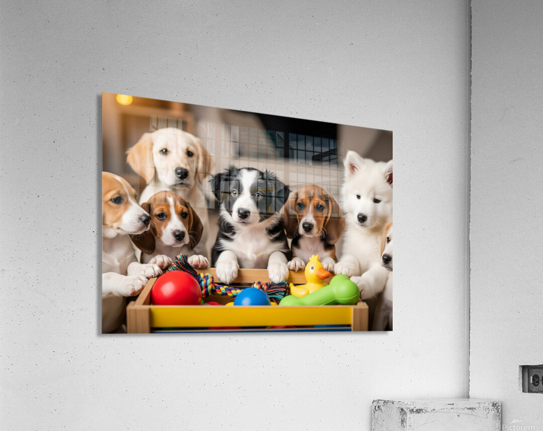 Border Collie Puppy Discovers Exciting Toy Box Acrylic Print