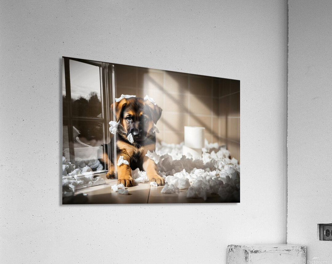 German Shepherd Puppy Sits Among Paper Destruction Acrylic Print