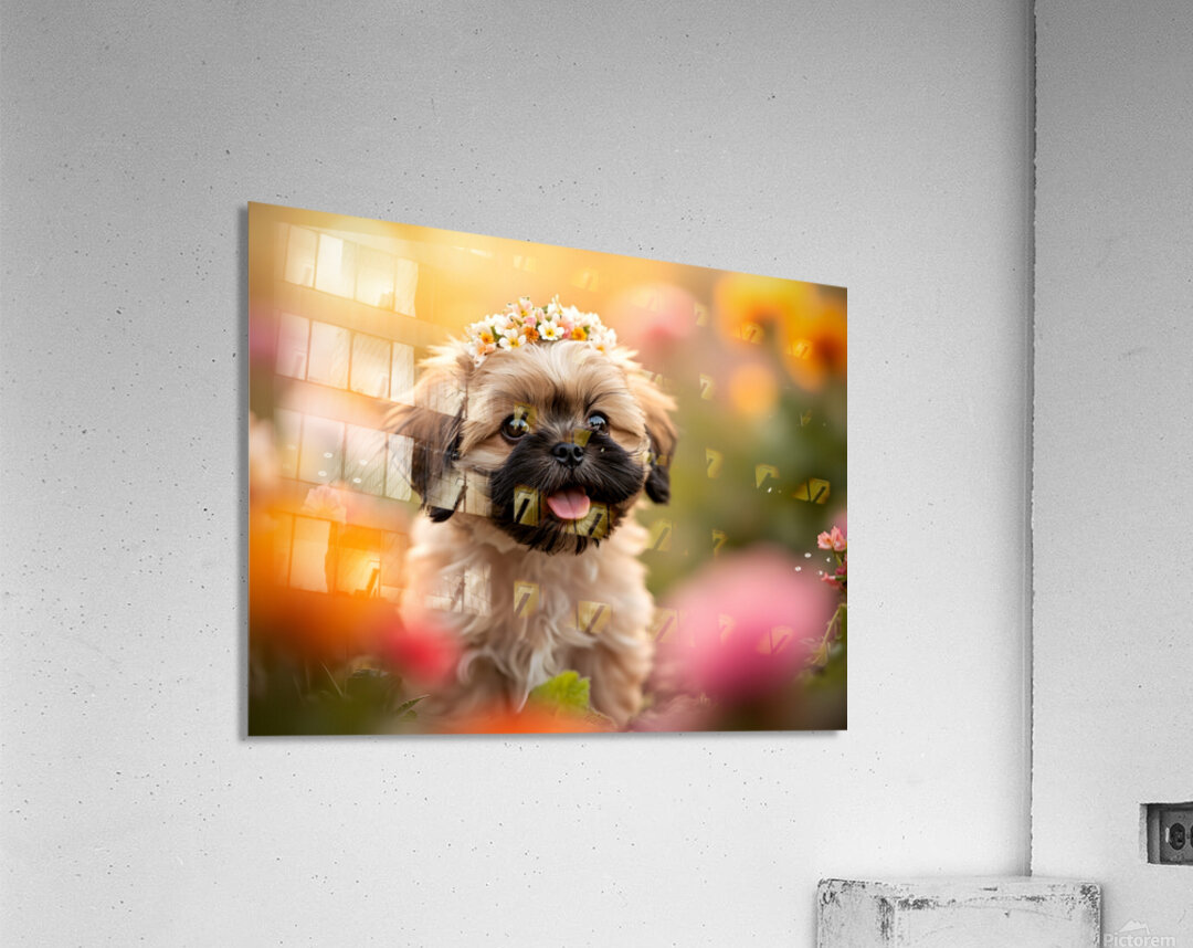 Shih Tzu Puppy Discovers Beautiful Flower Crown Acrylic Print