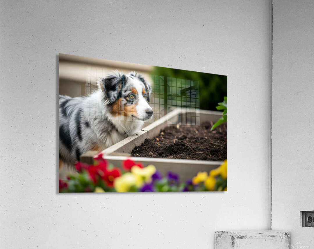 Australian Shepherd Puppy Discovers The Garden Bed Acrylic Print