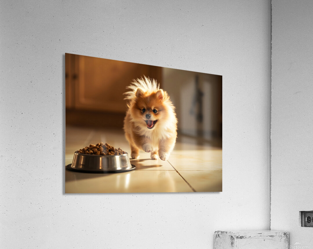 Excited Pomeranian Puppy Celebrates Full Food Bowl Acrylic Print