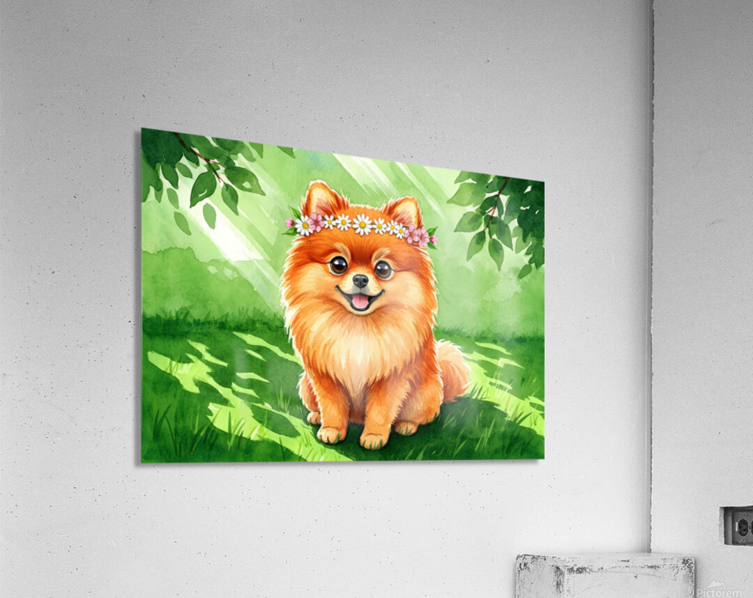 Pomeranian Puppy Discovers A Beautiful Flower Crown Acrylic Print