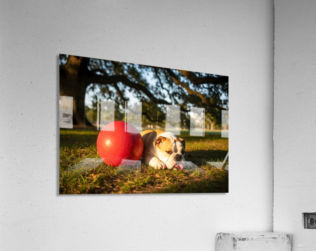 Exhausted BulldogPuppy Rests By Giant Ball Acrylic Print