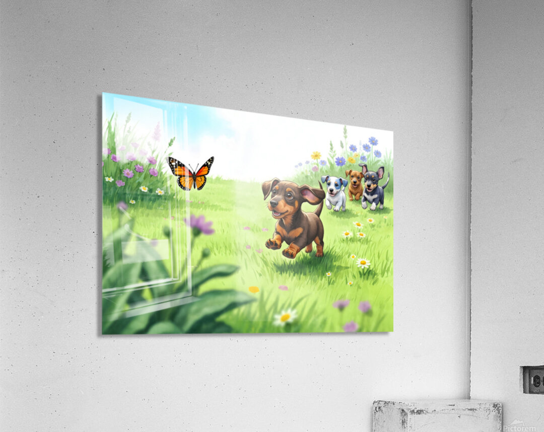 Dachshund Puppy Spots Beautiful Butterfly In Garden Acrylic Print
