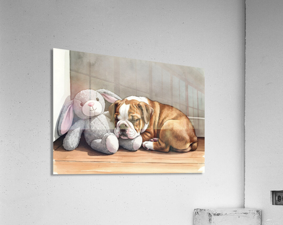 Bulldog Puppy Naps With His Beloved Rabbit Friend Acrylic Print