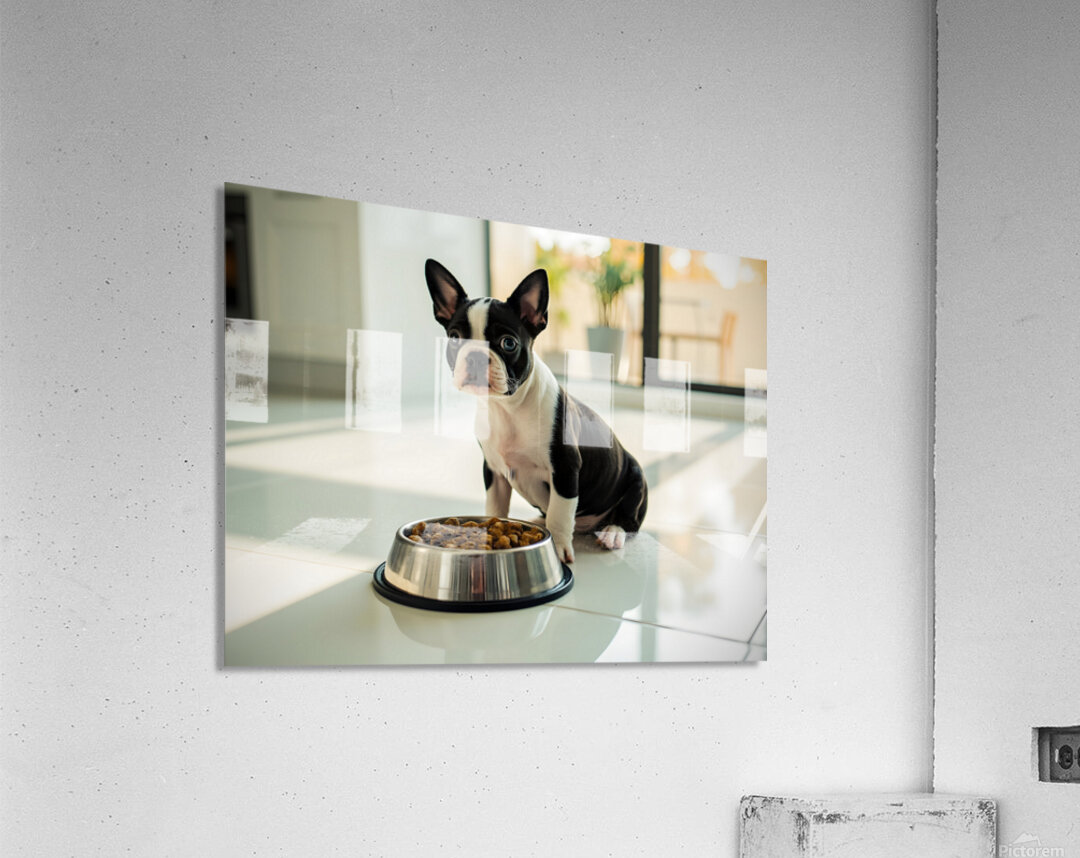 Boston Terrier Puppy Discovers Dinner Time Acrylic Print