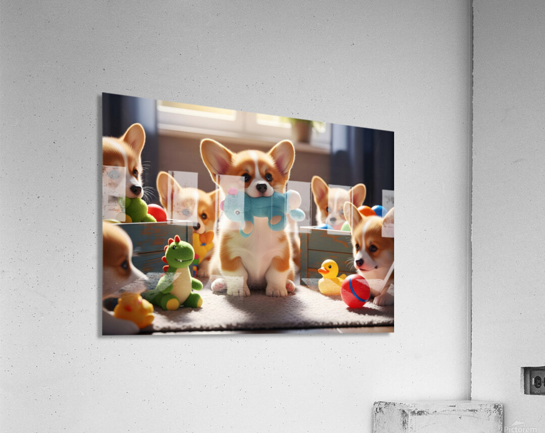 Happy Corgi Puppy Enjoys New Plush Toy Friend Acrylic Print