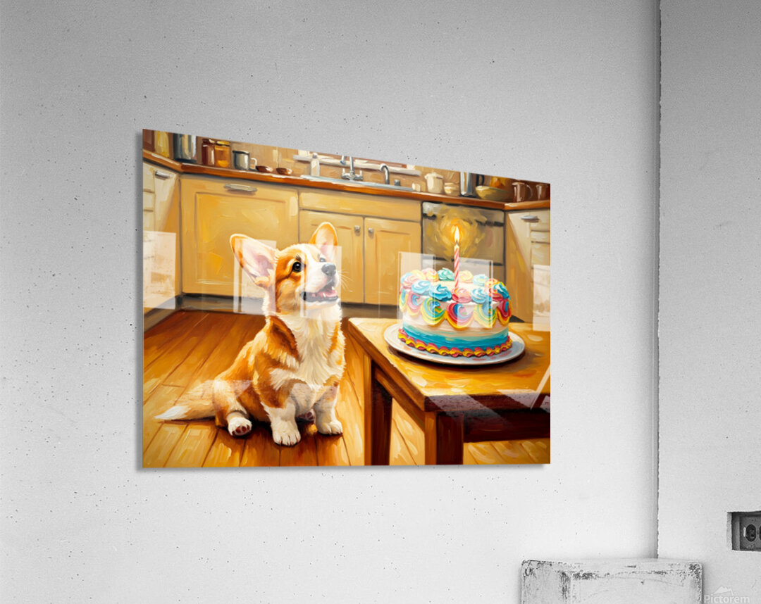 Corgi Puppy Discovers Birthday Cake Acrylic Print