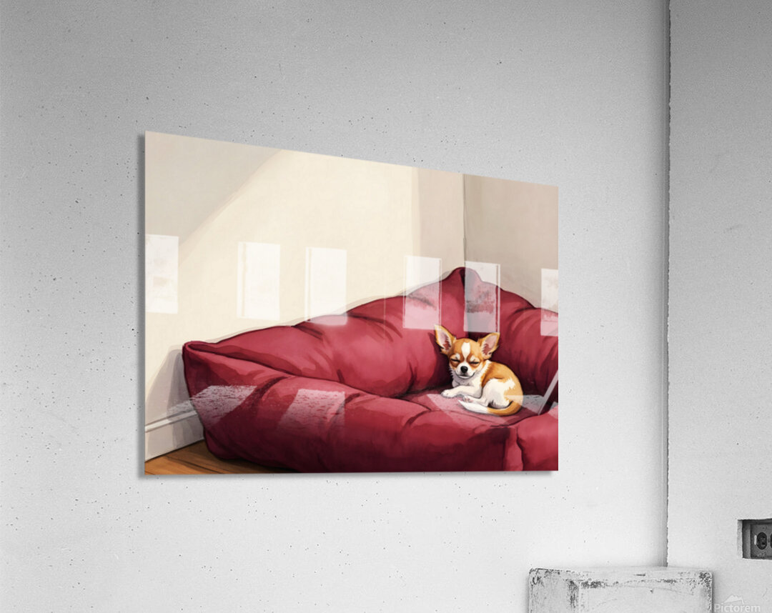 Sleepy Chihuahua Puppy Naps In Corner Of Giant Bed Acrylic Print
