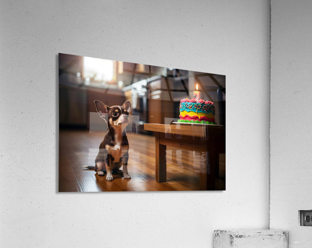 Chihuahua Puppy Discovers Birthday Cake Acrylic Print