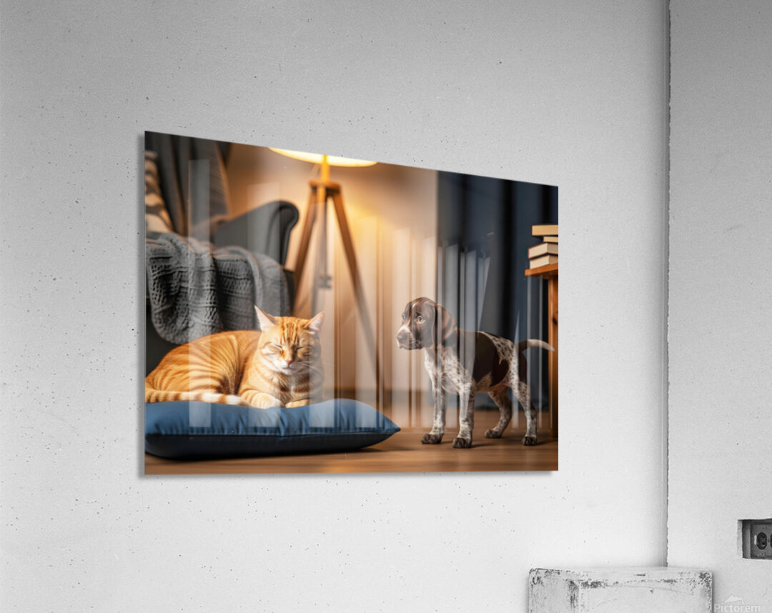 German Shorthaired Pointer Puppy Meets Sleepy Cat Acrylic Print