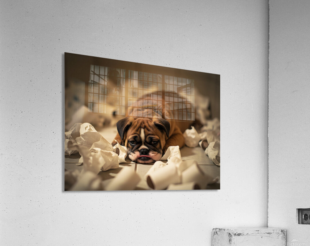 Exhausted Bulldog Puppy After Paper Battle Acrylic Print