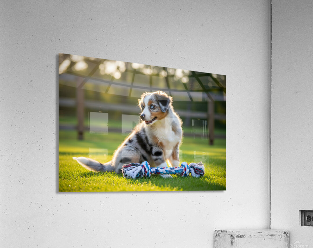 Australian Shepherd Puppy Discovers Big Chew Toy Acrylic Print