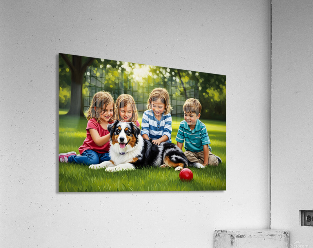 Tired Australian Shepherd Puppy Rests With Children Acrylic Print