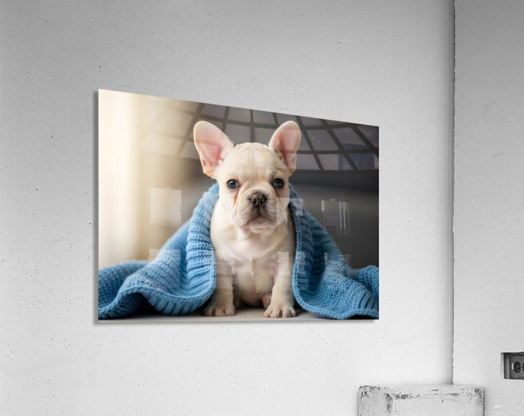 French Bulldog Puppy Snuggles With Favorite Blue Blanket Acrylic Print