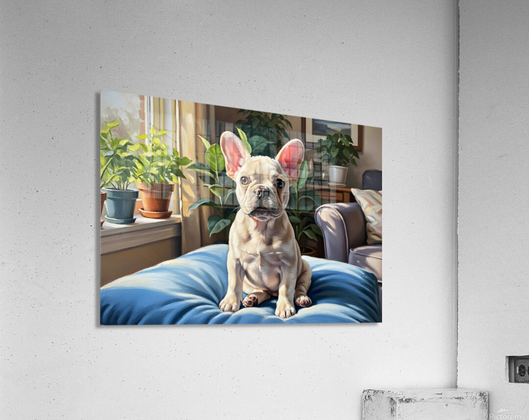 French Bulldog Puppy Sits Alert On Blue Cushion Acrylic Print