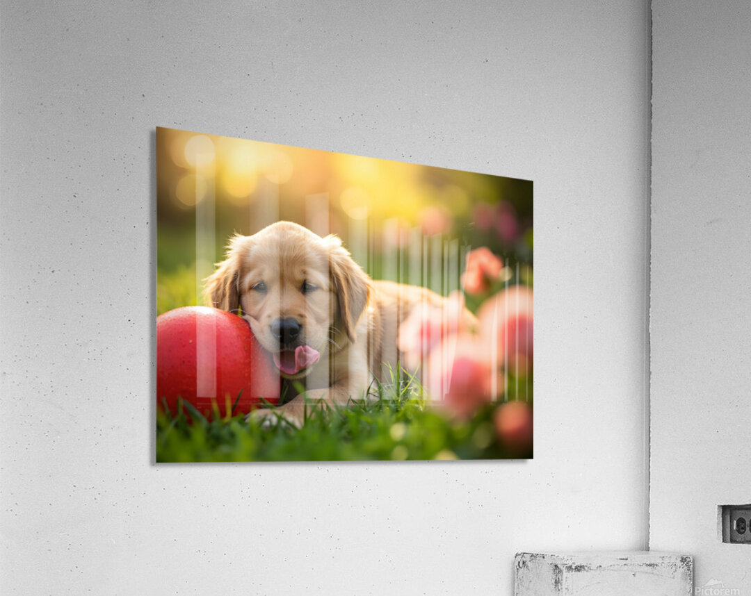 Exhausted Golden Retriever Puppy Rests Beside The Giant Ball Acrylic Print