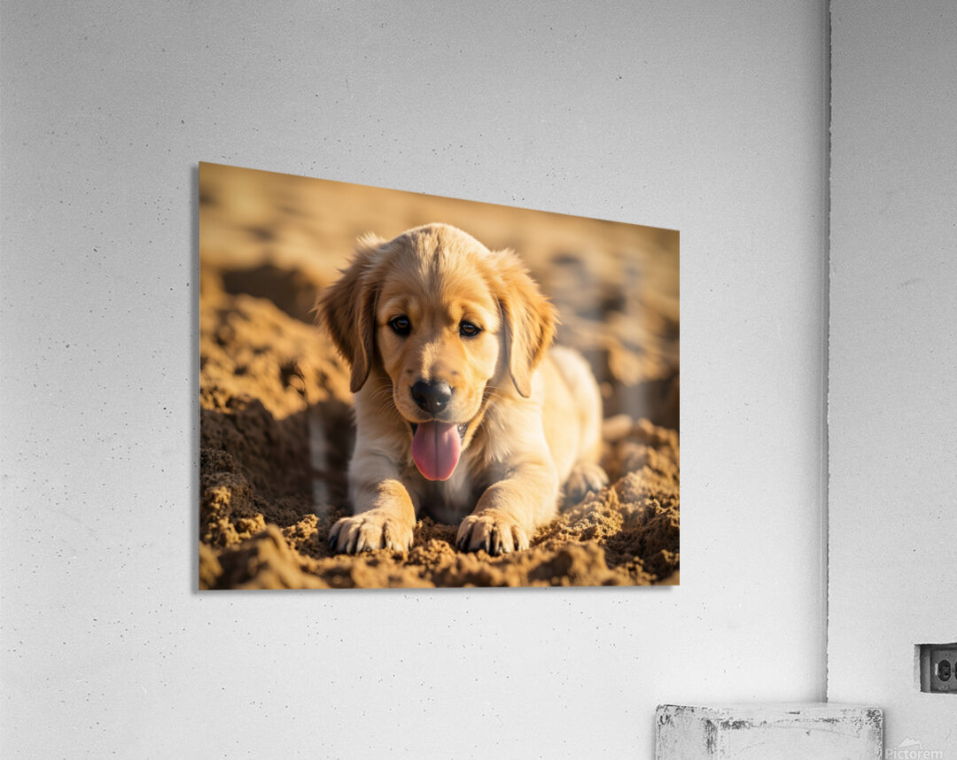 Happy Golden Retriever Puppy Sits In Ruins Of Destroyed Castle Acrylic Print