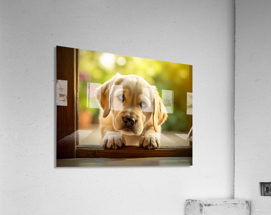 Curious Puppy Discovers Cat Flap Door Acrylic Print