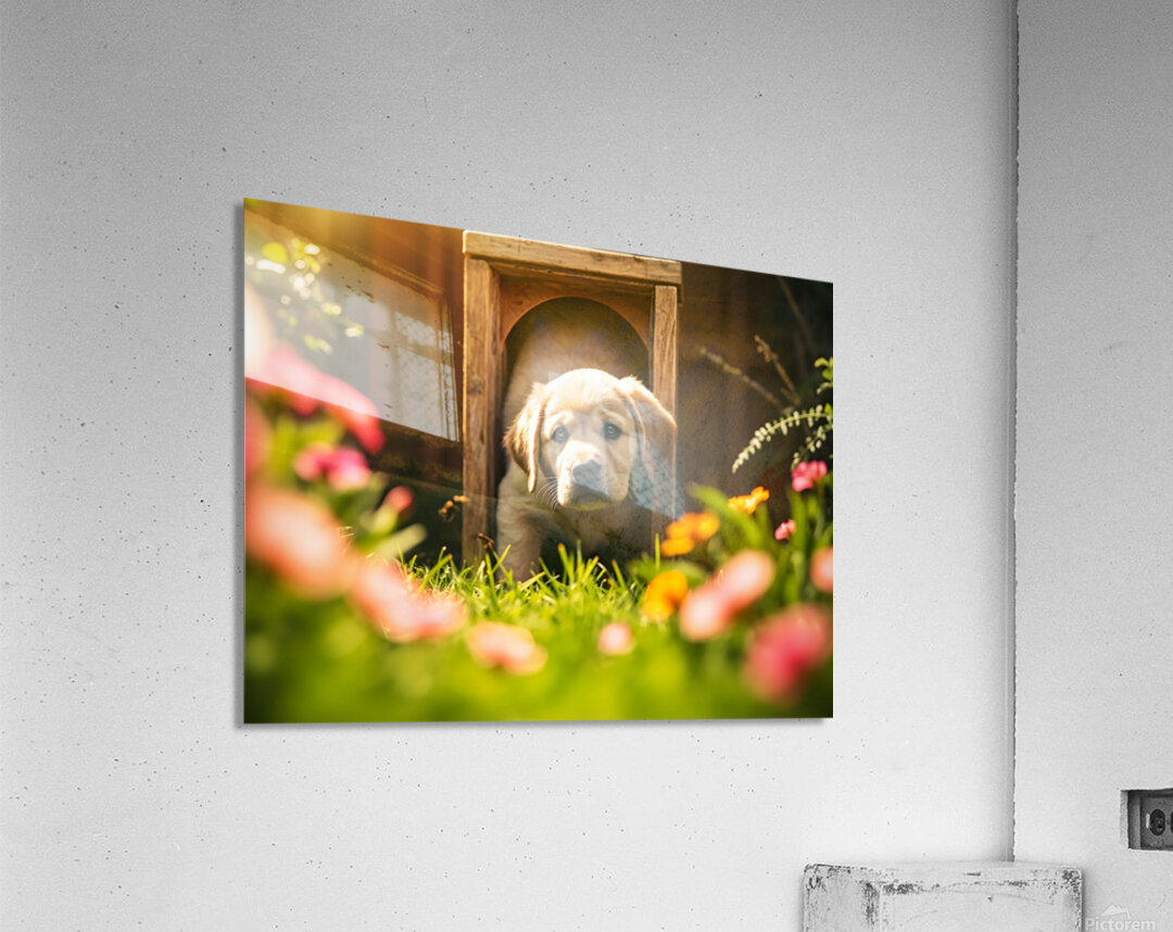 Happy Puppy Celebrates His Cat Flap Adventure Acrylic Print