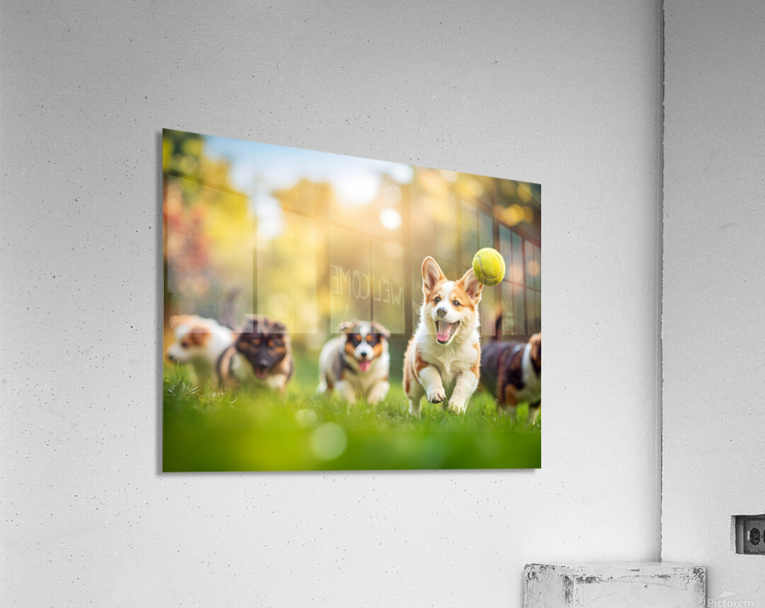 Corgi Puppy Spots Tennis Ball In Garden Acrylic Print