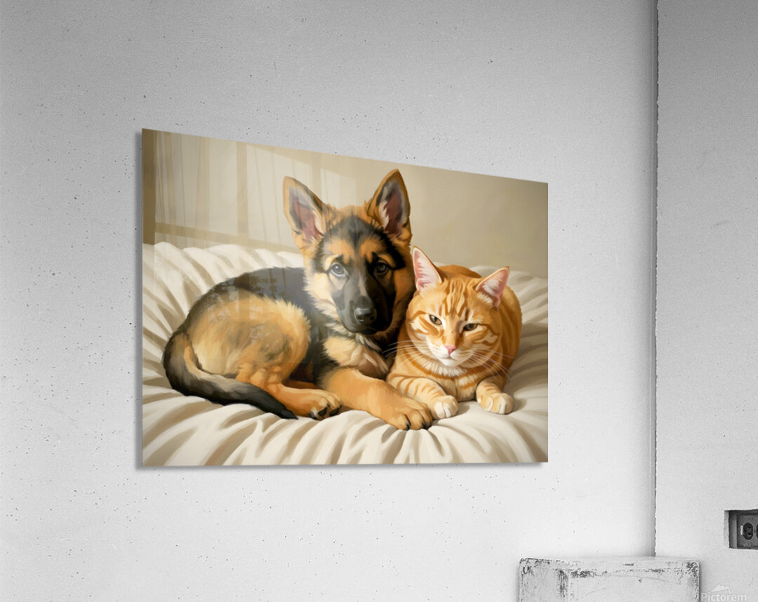 German Shepherd Puppy Snuggles With Cat Friend Acrylic Print