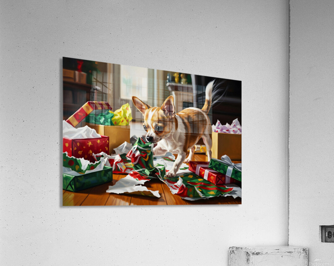 Chihuahua Puppy Discovers Christmas Morning Surprises Acrylic Print