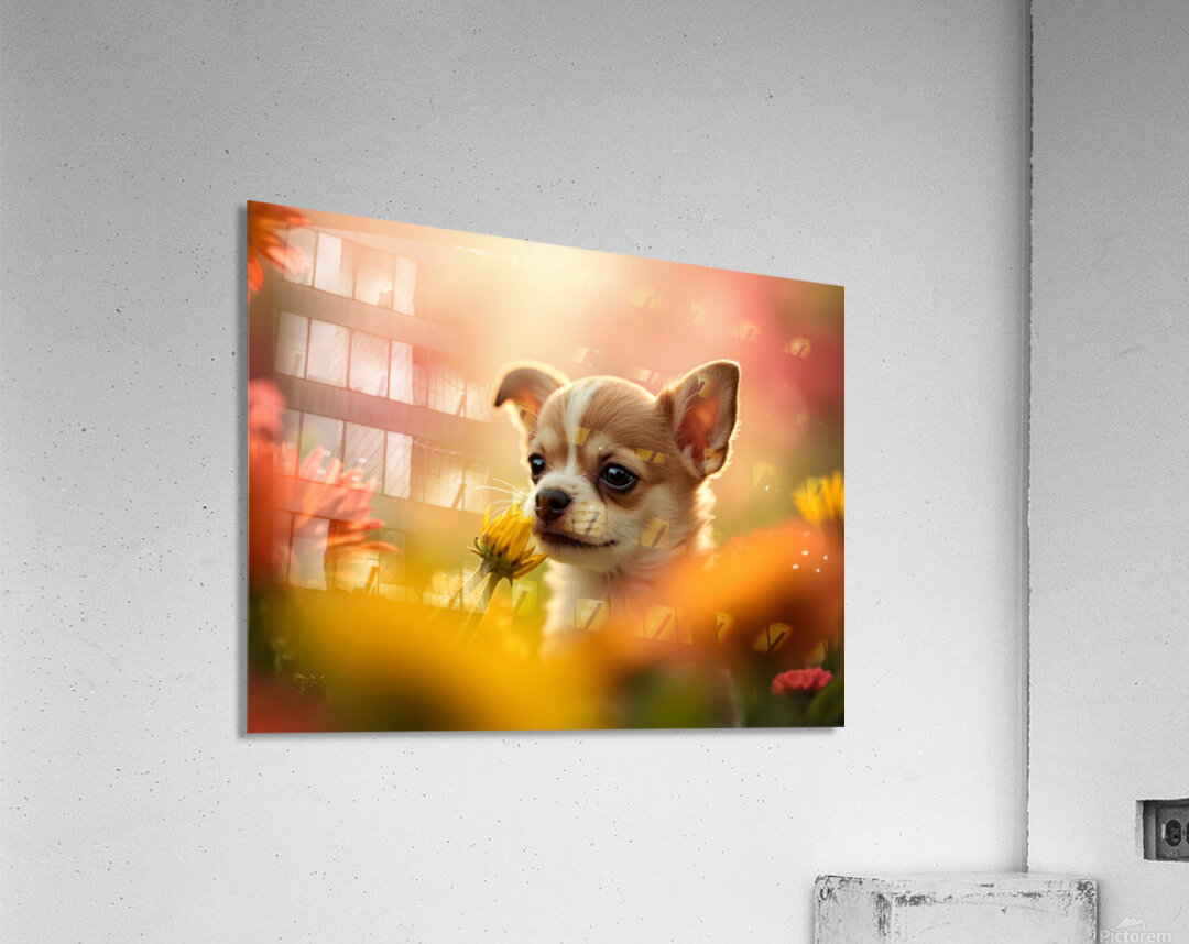 Chihuahua Puppy Discovers A Yellow Dandelion Acrylic Print
