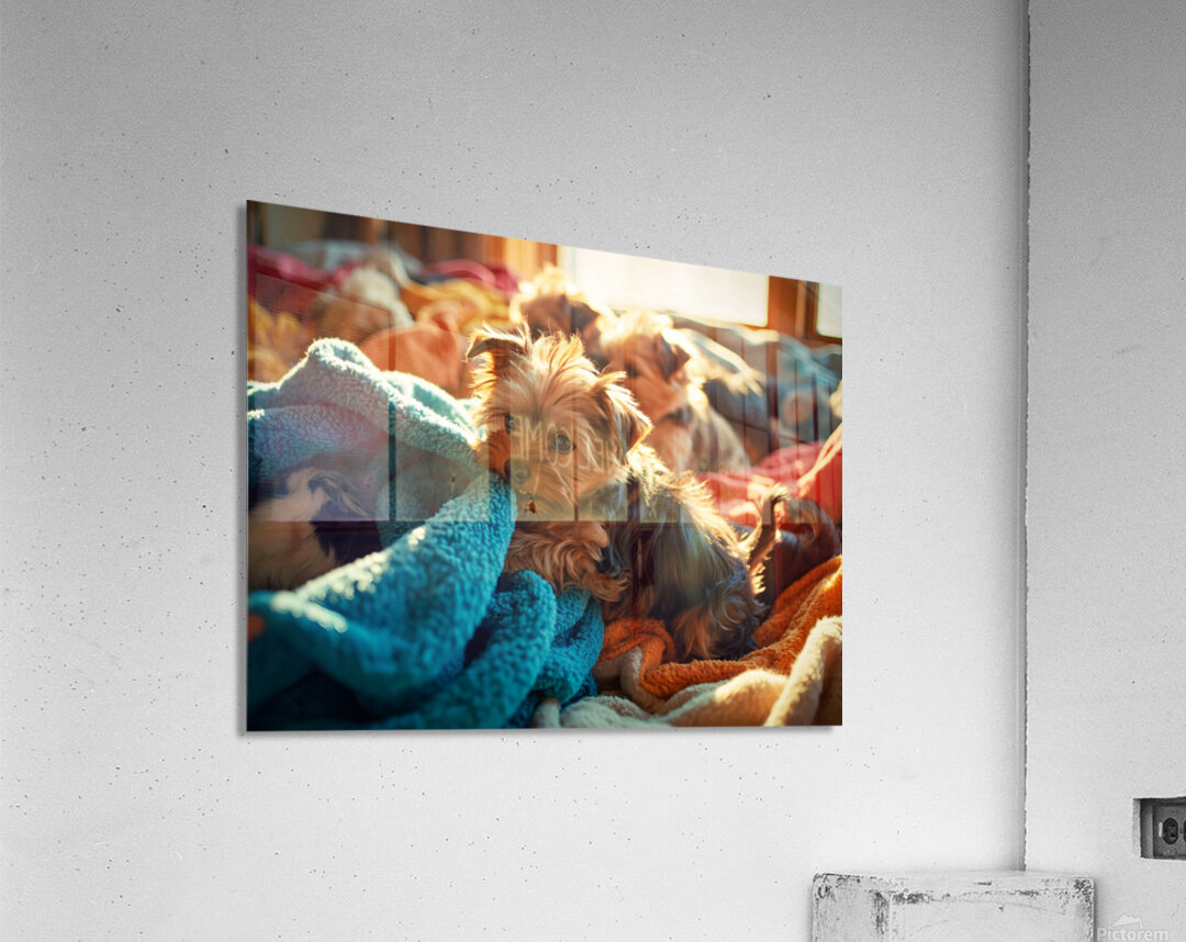 Yorkshire Terrier Puppy Discovers Blanket Mountain Acrylic Print