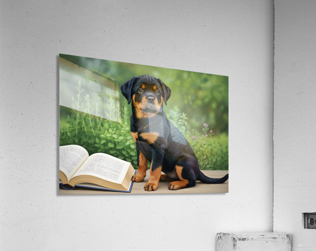 Determined Rottweiler Puppy Ready To Resume Reading Acrylic Print