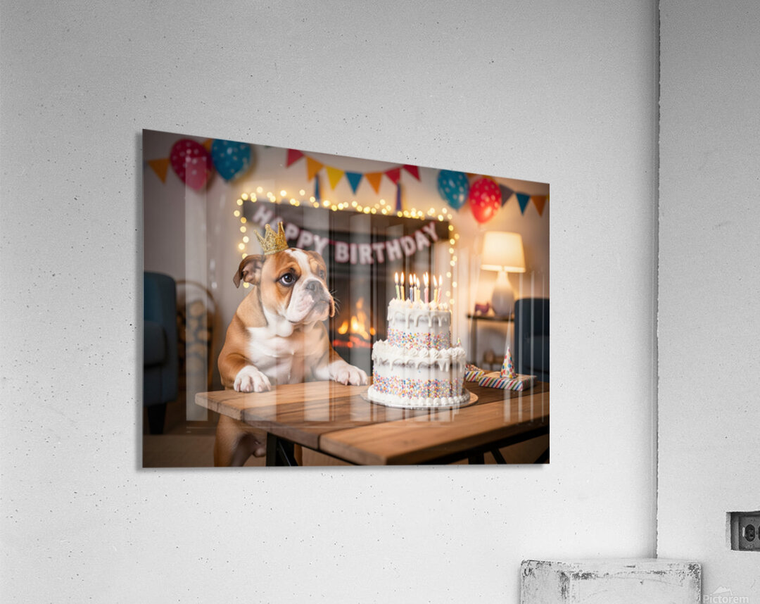 Bulldog Puppy With Golden Crown At Birthday Party Acrylic Print