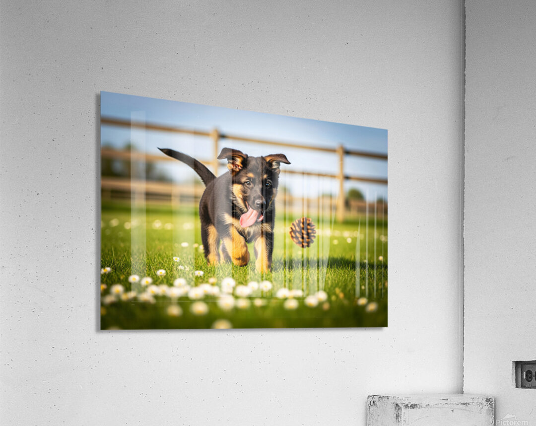 German Shepherd Puppy Watches Pinecone Soar Through Air Acrylic Print
