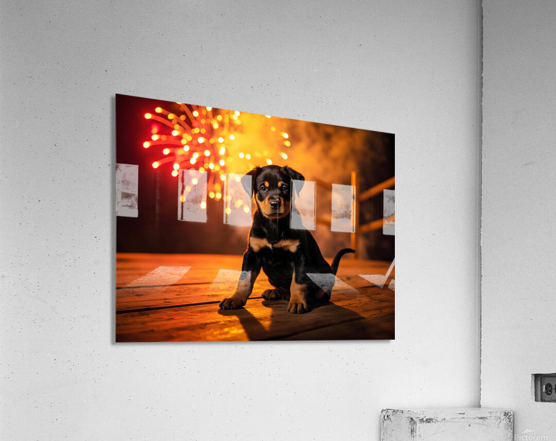 Rottweiler Puppy Watches First Fireworks Display Acrylic Print