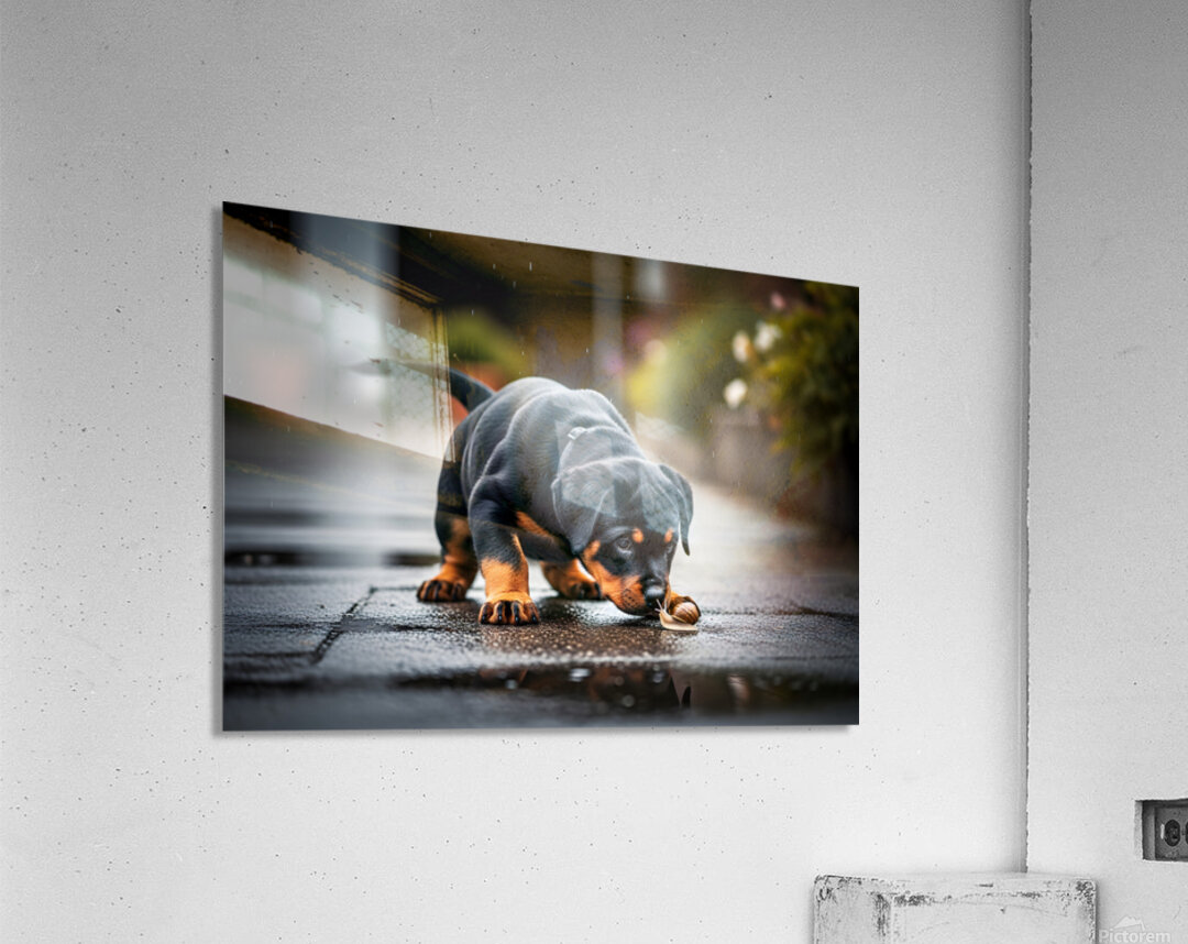 Rottweiler Puppy Discovers Garden Snail On Rainy Day Acrylic Print