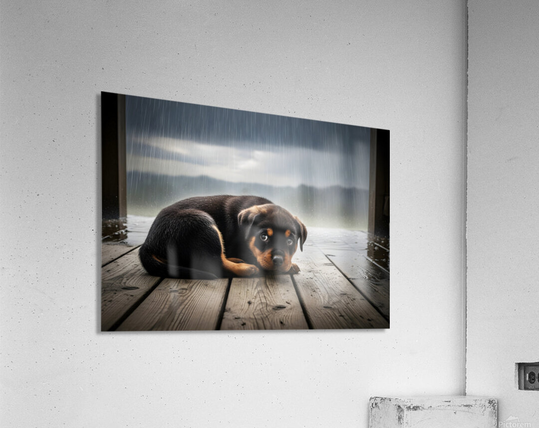 Rottweiler Puppy Seeks Shelter From Heavy Rain Acrylic Print