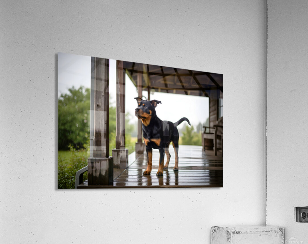 Joyful Rottweiler Puppy Wags Tail Under Porch Acrylic Print