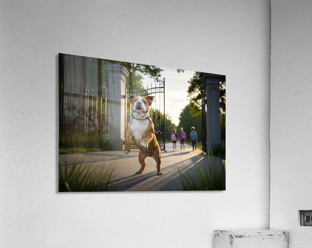 Bulldog Puppy Jumps With Joy At School Gate Acrylic Print