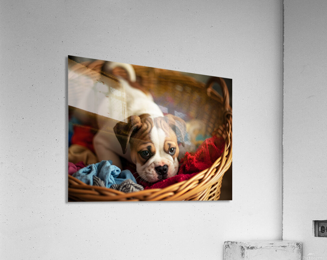 Bulldog Puppy Discovers The Laundry Basket Acrylic Print
