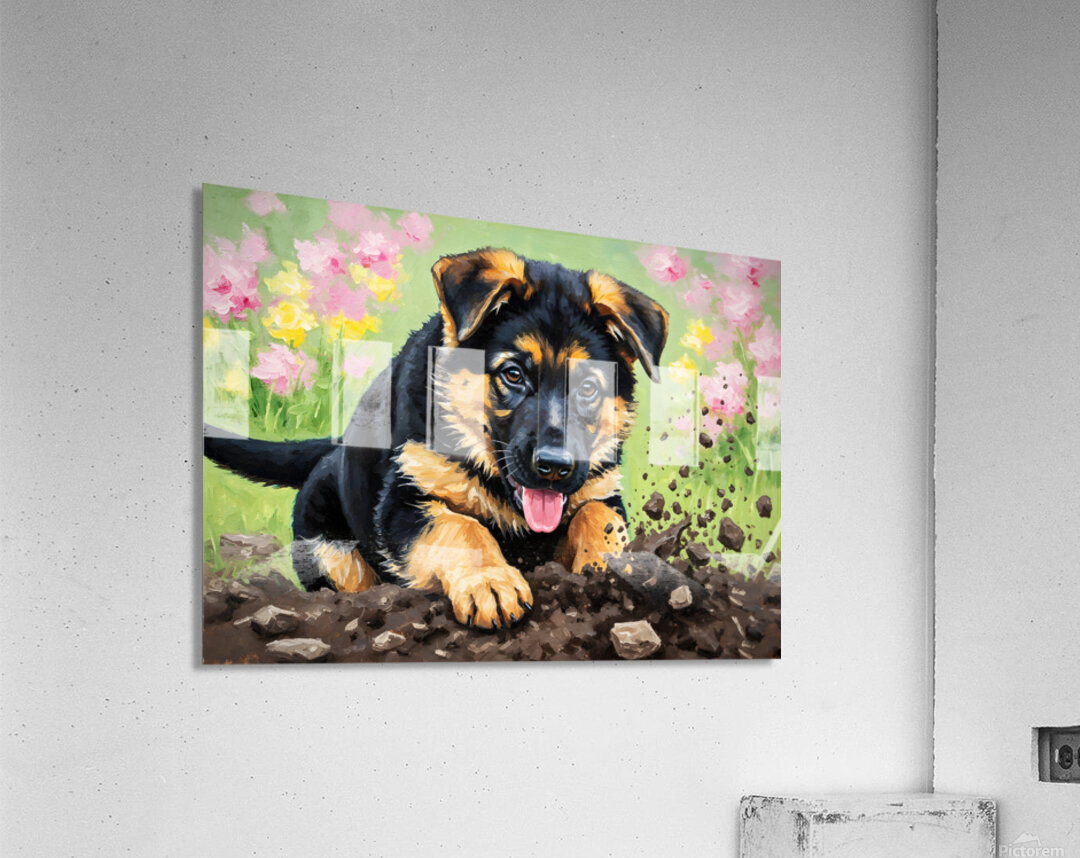 German Shepherd Puppy Discovers Perfect Digging Spot Acrylic Print