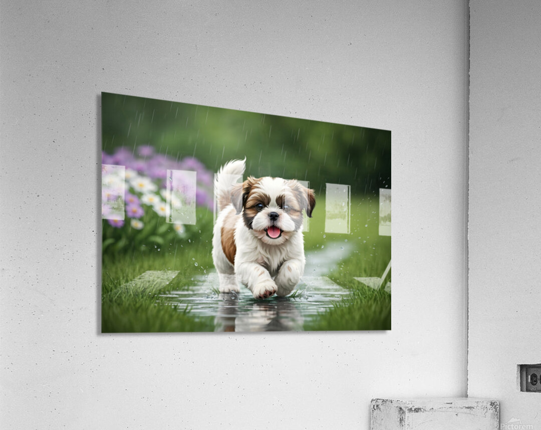 Happy Shih Tzu Puppy Enjoys Raindrop Adventure Acrylic Print