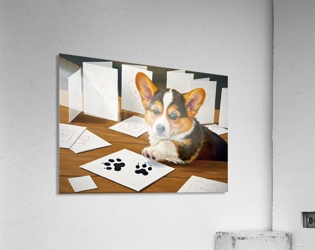 Proud Corgi Puppy Shows Off Signed Cards Collection Acrylic Print
