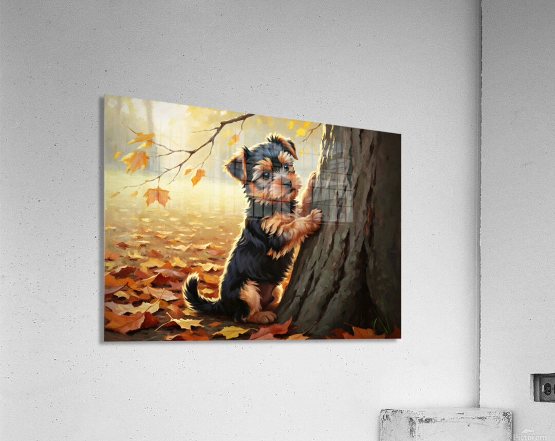 Yorkshire Terrier Puppy Spots Squirrel At Tree Base Acrylic Print