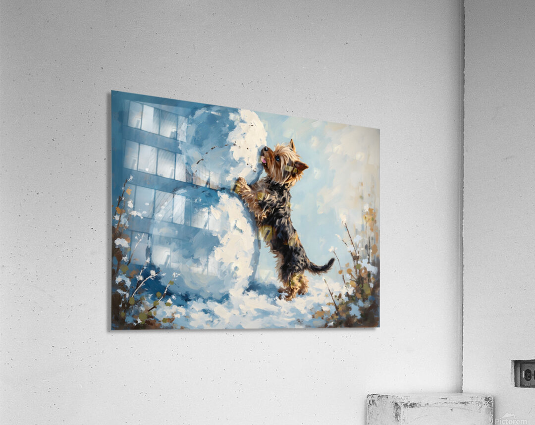 Yorkshire Terrier Puppy Discovers Winter Snowman Acrylic Print