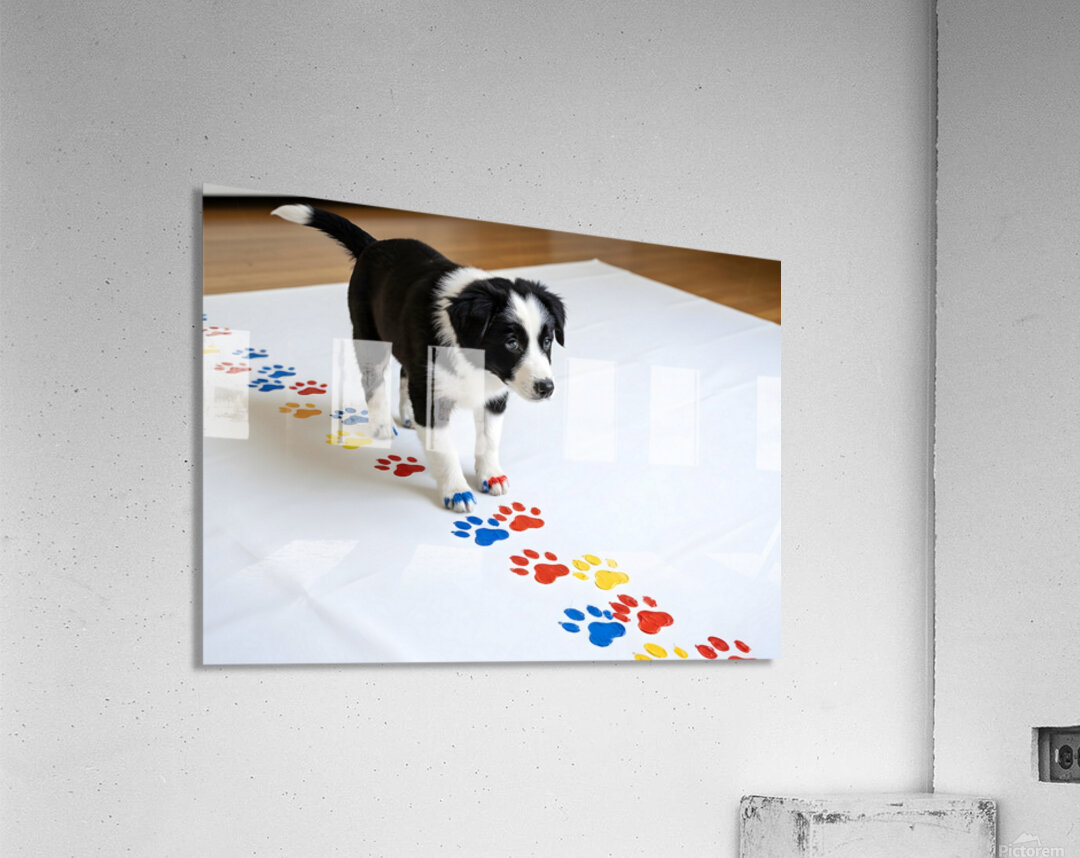 Border Collie Puppy Proudly Shows Off Finished Paw Art Acrylic Print